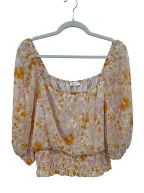 Lush Blouse Medium 3/4 Sleeve Clip Dot Smocked Waist Mango Pink Floral Bohemian